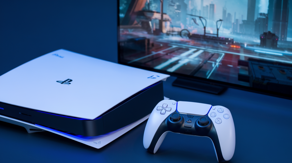 A PlayStation 5 console and DualSense controller displayed on a sleek blue surface, with a futuristic video game scene on a TV screen in the background.